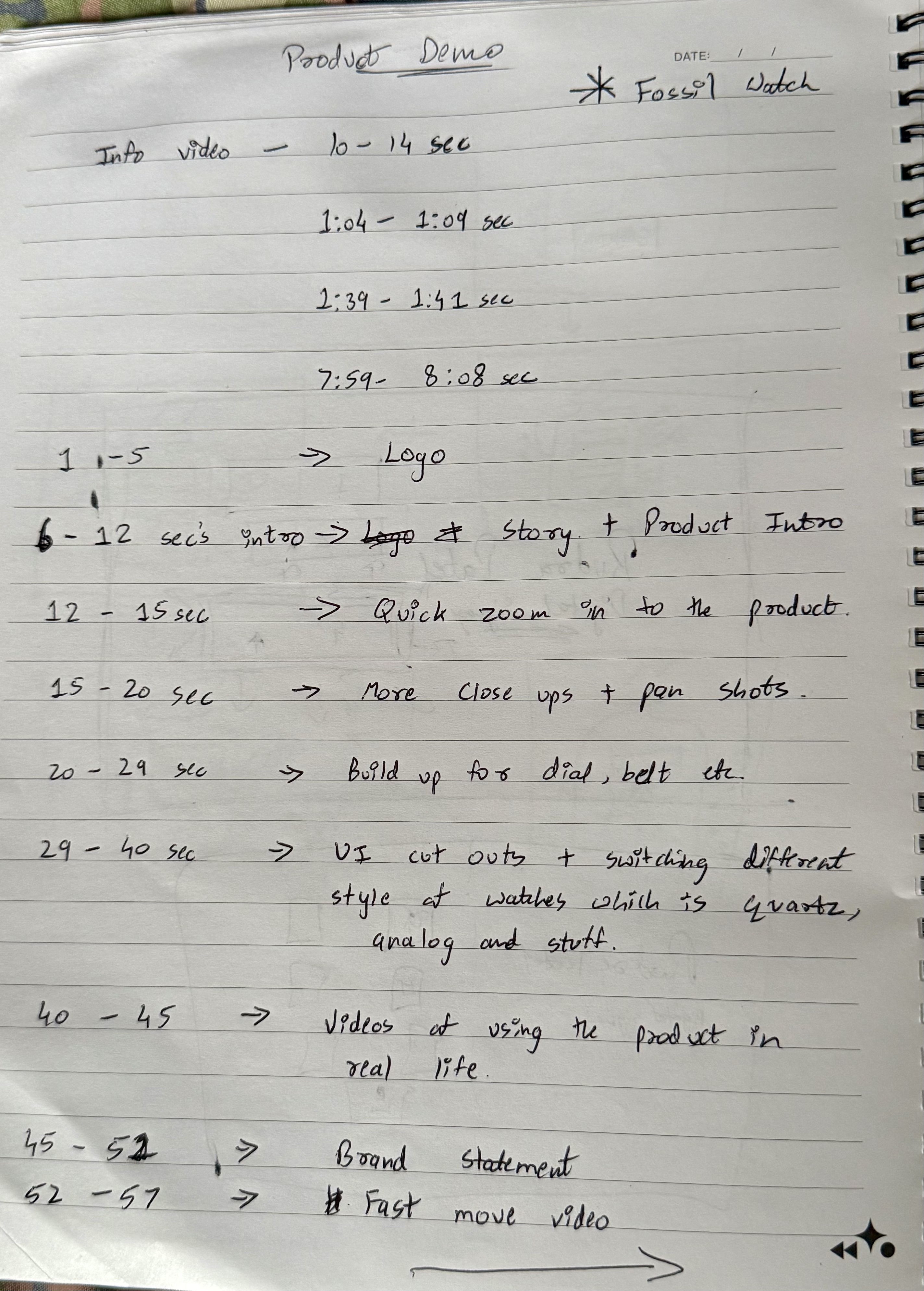 Product demo sequence notes for intro, closeups, and UI cutouts